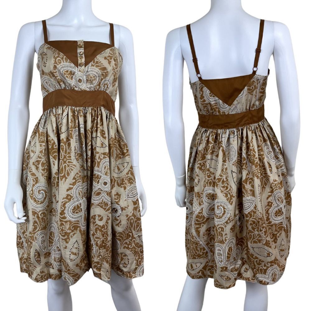Anna Sui Women Size 2 Brown Fit & Flare Silk Paisley Floral Mini Dress Pockets